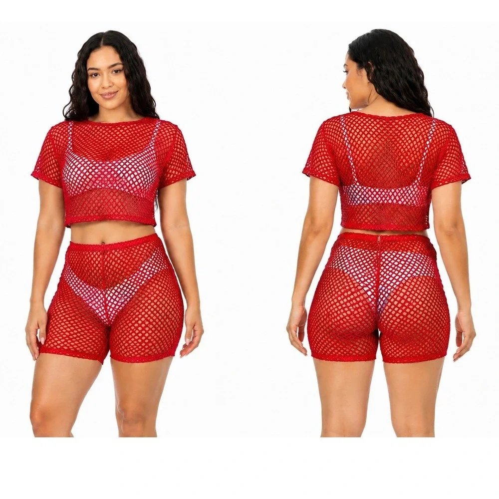 American Leisure Women's Red Mesh Two Piece Set Crop Top Shorts Size S NWT
